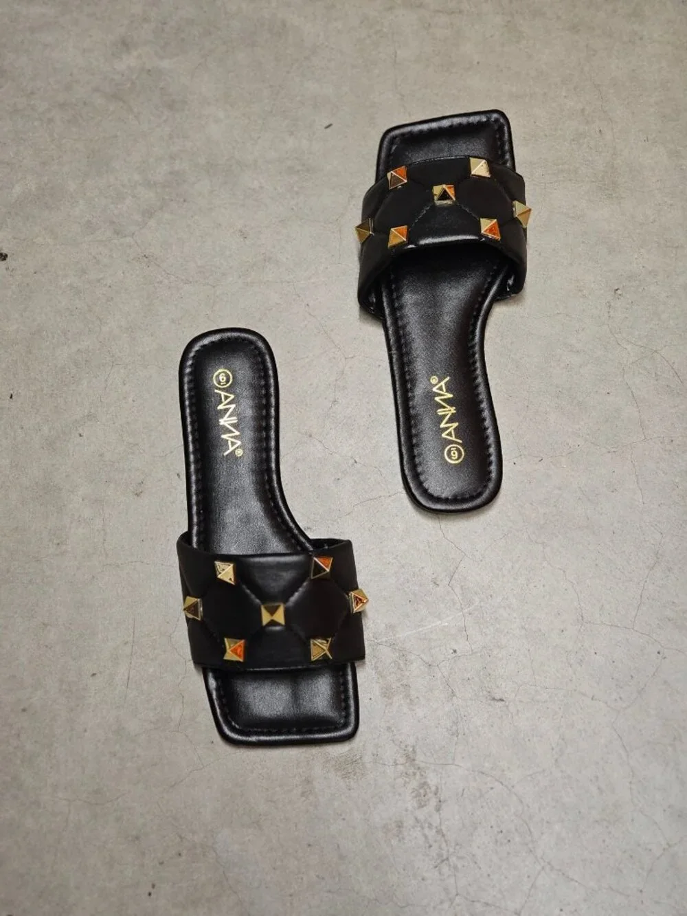 Black Quilted Slides With Gold Studded Detail For Women - Square Toe Slip-On San